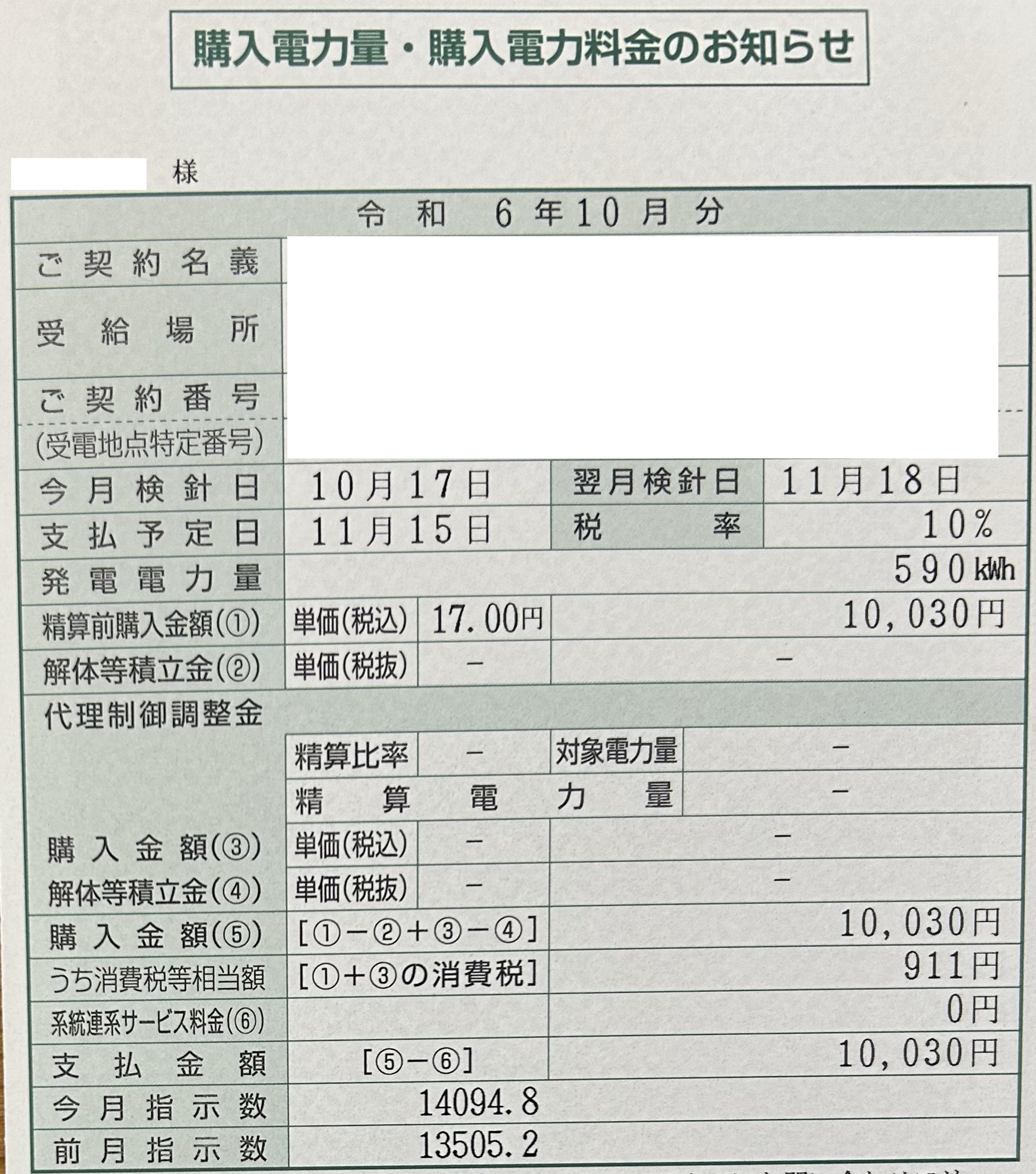 2024年10月売電収入写真